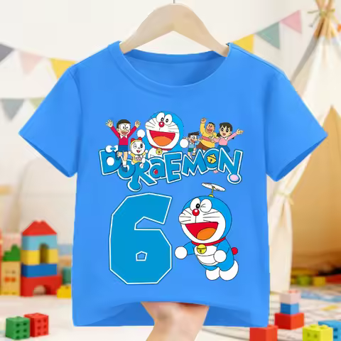 Doraemon Birthday Numbers T-shirt for Children Kawaii Cartoon Tee Top Anime Clothes Blue Short Sleev