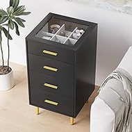 Semiocthome Black Vanity Desk Side Cabinet with Tempered Glass Top and 4 Drawers, Jewelry Watch Display Cabinet with Velvet Lining, Hallway Table Entryway Table Tall Nightstand for Bedroom - Upgrade