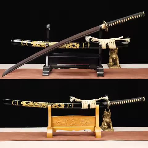 Real Full Size Japanese Samurai Katana, Iaito Training Sword Model, Golden Dragon Wood Saya, Cosplay