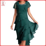 fulaide Layered Cake Design Dress Chiffon Gown Dress Women’s Elegant O-neck Beaded Midi Dress Short 