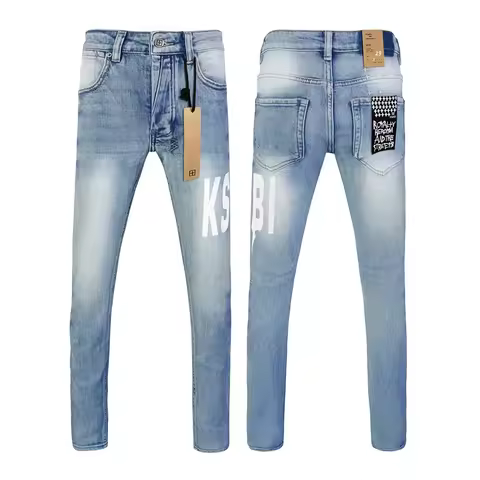 KSUBI Jeans Men fashion Cross Trend Retro light blue Paint Trend Low Rise Stretch Skinny Ripped Fray