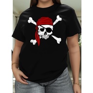 Plus Size, Women's Jolly Roger Pirate T-Shirt - White & & Crossbones with Black Jolly Roger Flag & P