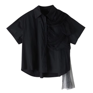 XITAO Patchwork Mesh Turn-down Collar Shirt Casual Solid Color Loose Fitting Vintage Slimming Summer