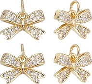 Beebeecraft 1 Box 12Pcs Cubic Zirconia Charms 18K Gold Plated Dangle Bow Bowknot Charms with Jump Ri