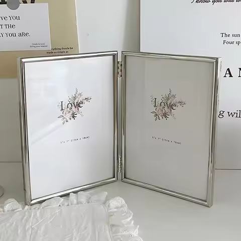 Hinged Double Simply Silver Metal Picture Frame, Elegant Silver Plated Metal Photo Frames 4 x 6'' fo
