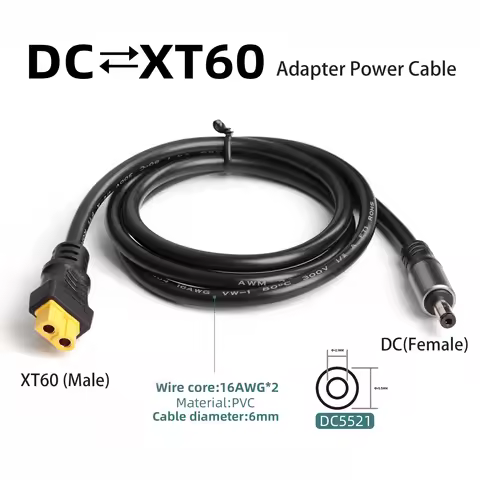 XT60 Female/Male Connector To DC5521 Male Adapter Power Cable 16AWG Solar Panel Connection Home Car
