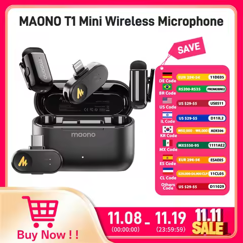 MAONO T1mini Wireless Lav Mic for Phone AI Noise Cancelling Auto Clipping App Control Clip-on Microp