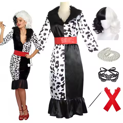 Girls Women Cruella Cosplay Adult Cruella De Vil Dress Mask Necklace Dalmatian Costume Deville Dress