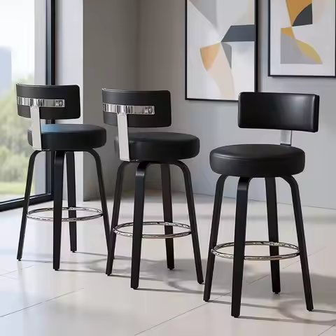 Set of 3 Modern Counter Height Bar Stools, 26 Seat, Faux Leather, Black Wood, Kitchen Island Chairs，