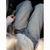 Street Wear Large Size Wide-Leg Pants Gypsophila Hot Diamond Jeans Fortune Flash Diamond Design Stra