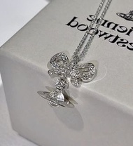 Vivienne Westwood Octavie Orb Necklace 白晶蝴蝶結 透明球土星吊墜 頸鏈 項鍊  銀色 白球 V3FJWW00281SL