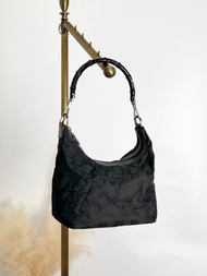 【 日本直送 名牌中古包 】GUCCI 古馳 GG緹花 側背包 黑色 竹節 尼龍 皮革 vintage 復古 ifi8dz