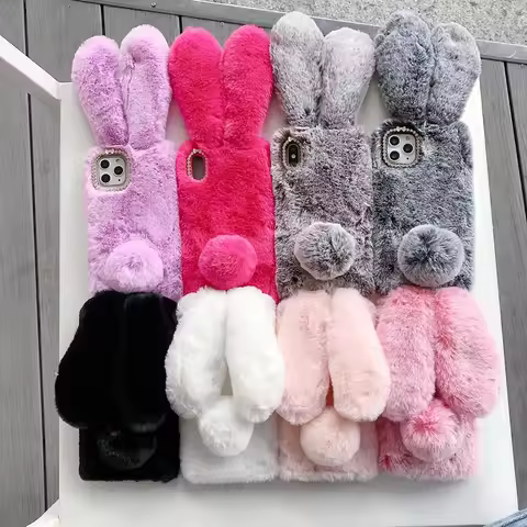 3D Cute Rabbit Hairy Warm Fur case For Samsung Galaxy note 20 S22 A7 S23 Plus A9 2018 Note 10 8 9 S8