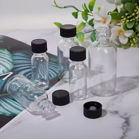 6PCS Small Clear Glass Bottles With Lids Glass Containers Round Sample Bottles For Juice, Oils, Ging
