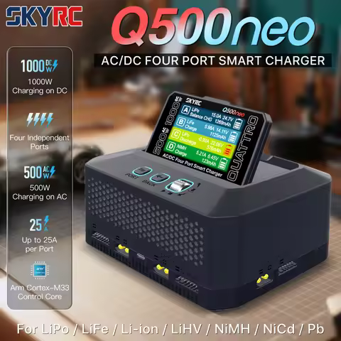SKYRC Q500neo Charger 4×25A Ports 500W Discharge 16-bit ARM PID Adjustable Power Supply for LiPo LiF