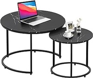AuraBasic Round Side Table, Black Marble Wood Center Table with Non-Slip Feet, 2 Sets Durable Modern Coffee Table Set for Livingroom, Apartment, Dining Room, Rest Room, Dormitory