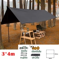 🔥อุปกรณ์ครบชุด🔥【ซื้อ1แถม4】ฟลายชีท ผ้าใบ 3x3m、3x4m、3x6mฟายชีทพร้อมเสา เต้นท์แคมปิ้ง กันแดด พร้อมเสา