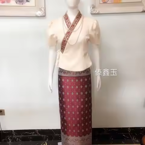 2pcsThailand Long-gyi Skirt Dai Ethnic Clothing Summer Short sleeve Sarong Dai Tube Skirt Women's da