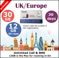 UK Europe USA Hong Kong & World traveller sim card 30GB with Free Call & SMS (30days) by THREE UK