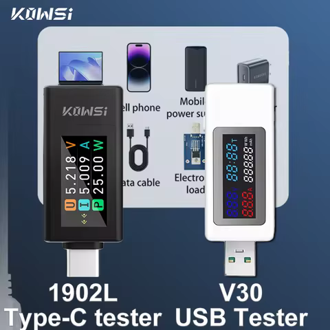 KWS-1902L Multi-function 4-30V Maximum 12A Type-C Tester with V30 120W USB Tester Power Off Storage 