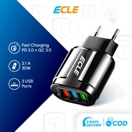 ECLE Charger Adaptor 2.1A QC 3.0 Enabled 3 Multiport USB Adaptor model EAC606 Travel Charger. Casan HP pengisian cepat Android Samsung QC Quallcom 3.0 Fast Charging.