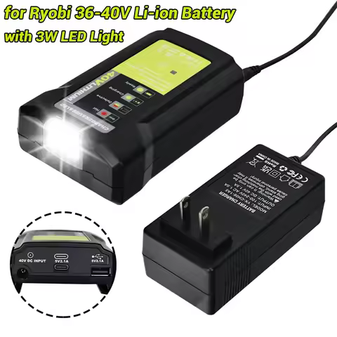 Battery Adapter For Ryobi 36-40V Lithium Battery With 3W LED Work Lamp USB Type-C Phone Charger EU U