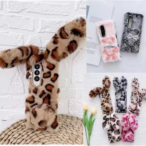Korea Diy Cute Leopard Bunny Fluffy Plush Phone Case For Samsung Galaxy Z Fold6 5 Case For Galaxy Z 