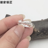 Xiejia Silversmith 999 Pure Silver Fish Ring Swimming Fish Ring Handmade Pure Silver 999 Sterling Si