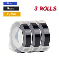 3 Pcs Roll Black 3d Plastic Label 6/9/12mm X 3M Embossing Tape Refill For Dymo 12965 1610 1880 Motex