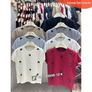 Women's short-sleeved round neck sweater with many black bows made in Guangzhou, form-fitting autumn