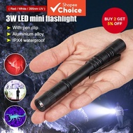 White/Red/395nm UV LED Flashlight Torch Light Portable Pocket Pen Clip Light, AA Battery Not Include