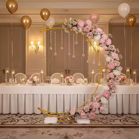 6.9 FT Gold Crescent Moon Arch Stand Wedding Backdrop for Ceremony Party Baby Shower Bridal Shower B