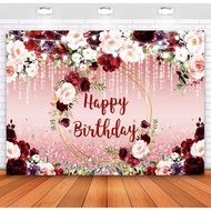 Floral Happy Birthday Backdrop Burgundy Flowers Rose Gold Glitter Bokeh Spots Photo Background Vinyl