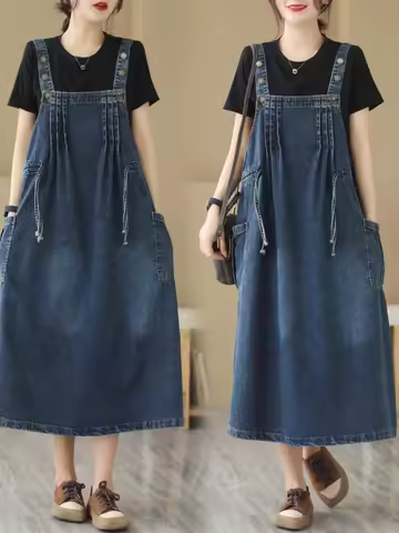 Retro Blue Denim ter Dr Women's Summer Dstring Waist Cinching Slimming Strap Dr Ele Lady Sle A-Line 