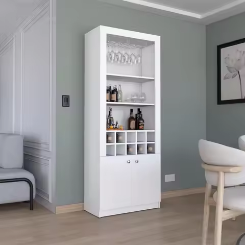 Modern Tall Bar Cabinet - 4-Tier Storage Solution for Wine, Liquor, and Stemware - Includes 10-Bottl