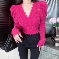 korean style women ladies puff long sleeve v neck lace top shirt blouse baju wanita inner wear t-shirt elastic tops
