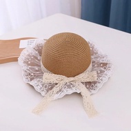 TOPI PANTAI ANAK PEREMPUAN KOREAN STYLE ROTAN APLIKASI RENDA LACE