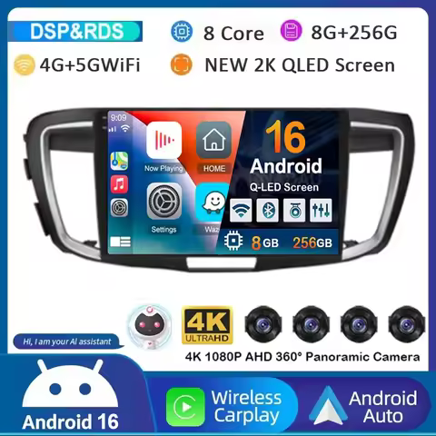 Android 16 Carplay Auto For Honda Accord 9 2.4L 2.0L 2012 - 2018 WiFi+4G Car Radio Multimedia Video 