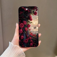 เคสโทรศัพท์ TPU นุ่มเงาลายดอกไม้ 1 ชิ้น พิมพ์ UV ลายกุหลาบสีดำและแดงน่ารัก เข้ากับ iPhone 11/12/13/1