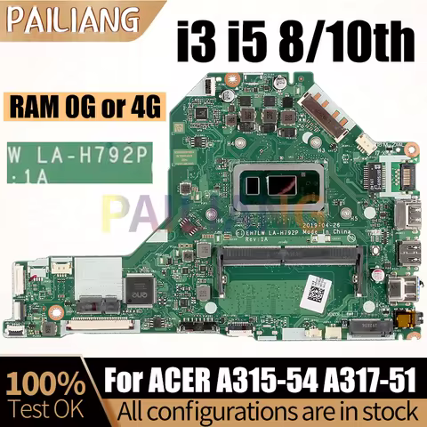 For ACER A315-54 A317-51 Laptop Mainboard LA-H792P i5-8265U i3-10110U i5-10210U RAM 4G/0G NBHM211001