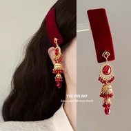 Red Lingmeng New Chinese New Year Red Velvet Ethnic Style Tassel Hair Clip Original Niche Design BB 