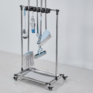 Movable Stainless Steel Mop and Sweeper Holder Floor Standing Organizer Non-Slip Storage Rack for Ga