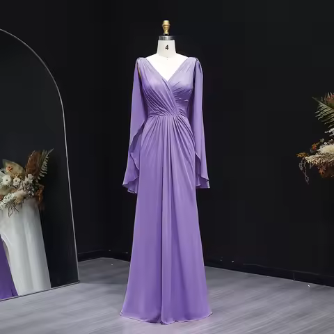 Sharon Said Elegant Lilac V-Neck Chiffon Bridesmaid Dress with Flowy Cape Sleeves Women's Wedding Pa