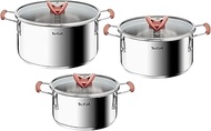Tefal OptiSpace Stainless Steel Saucepan Set with 3 Lids: 18, 20 and 24 cm, 3 Flat Lids, Non-Slip Handles, Measuring Markers, All Cooker Types