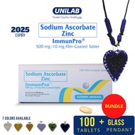Unilab Immunpro Sodium Ascorbate with Zinc 100 Tablets Vitamin C for Adults Immunity FREE Glass Heart Pendant Bundle