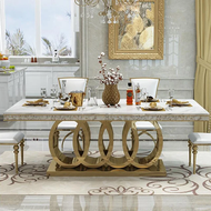 Dining Table Gold White color Stainless steel Electroplated 6 Seater Dining set Marble Top and Suede