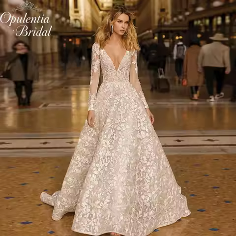 Opulentia Customized A-Line Wedding Dresses V-Neck Long Sleeve Court Train Lace Appliques Backless B