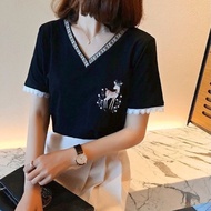 New Printed Short-sleeved T-shirt Korean Women's Loose V-neck Lace Top