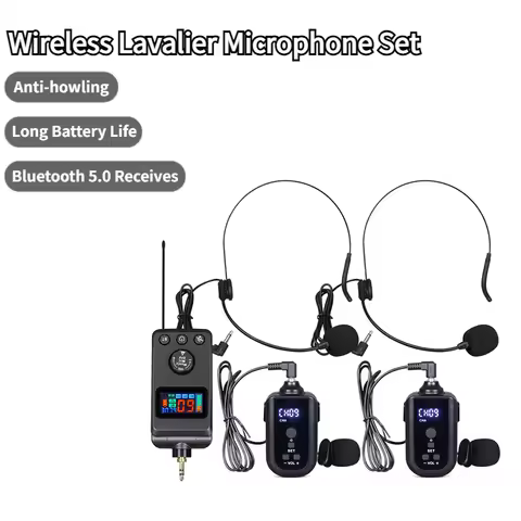 Dual Wireless Microphone System Headset Mic/Lavalier Lapel Mic with Rechargeable Bodypack Transmitte