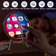 Smart Bluetooth Speaker Wireless Mirror Sound Box Desktop Alarm Clock with LED Night Light TF Music Player 15W Wireless Charger